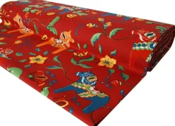 Gardintyger Mönstrade|Arvidssons Textil<Arvidssons textil Leksand röd tyg med traditionellt dalahästtryck