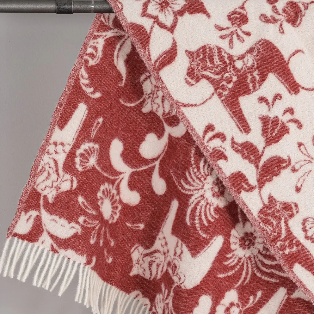 Ullplädar<Arvidssons textil Leksand röd ullpläd 130x170cm – dalahästar i 100% ull