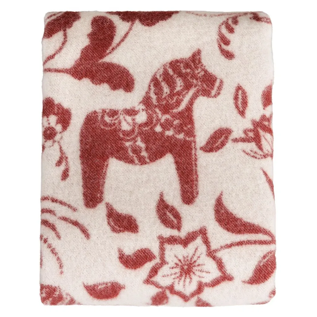Ullplädar<Arvidssons textil Leksand röd ullpläd 130x170cm – dalahästar i 100% ull