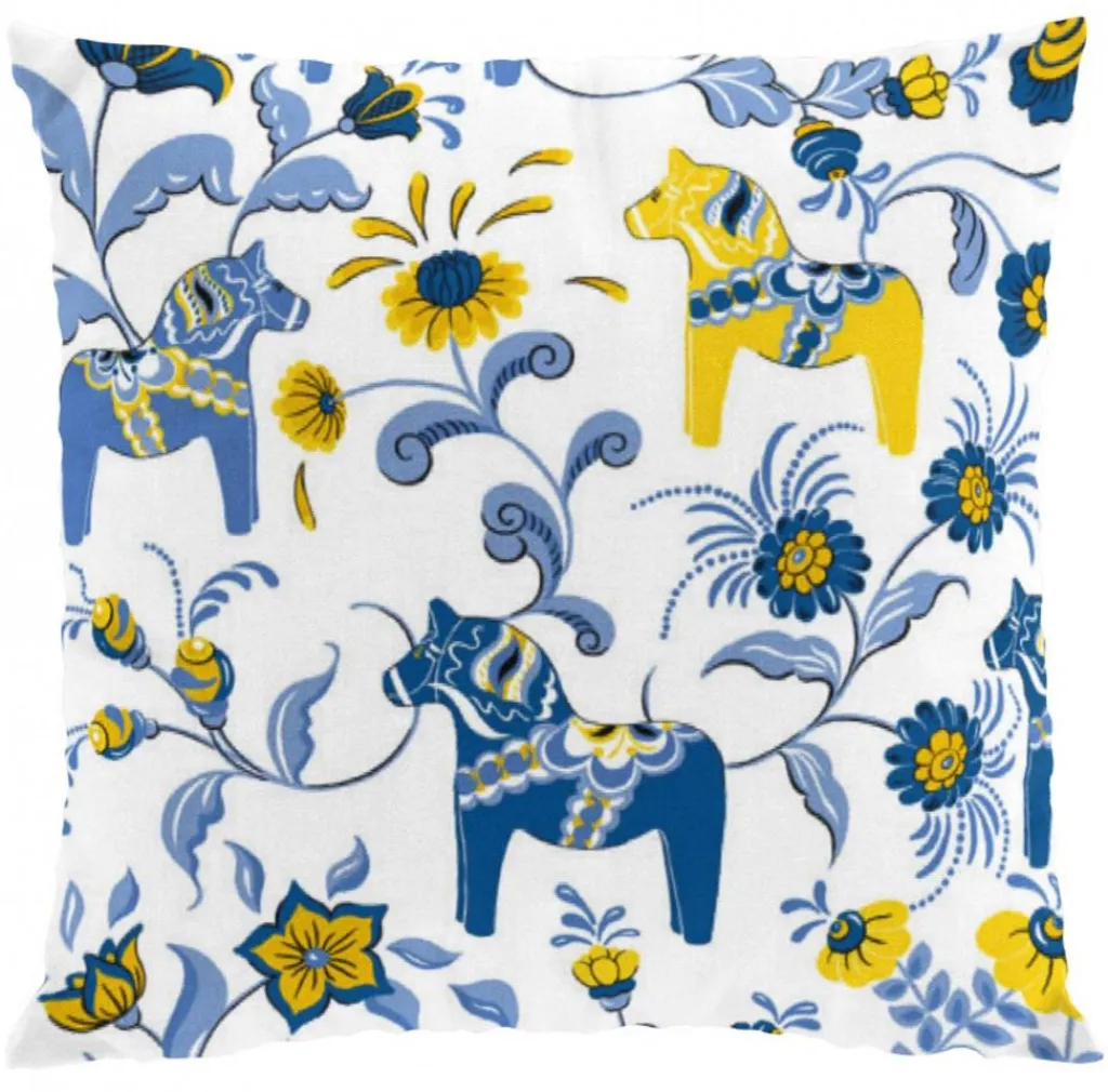 Mönstrade Kuddfodral<Arvidssons textil Leksand sverige kuddfodral med traditionellt dalahästmönster