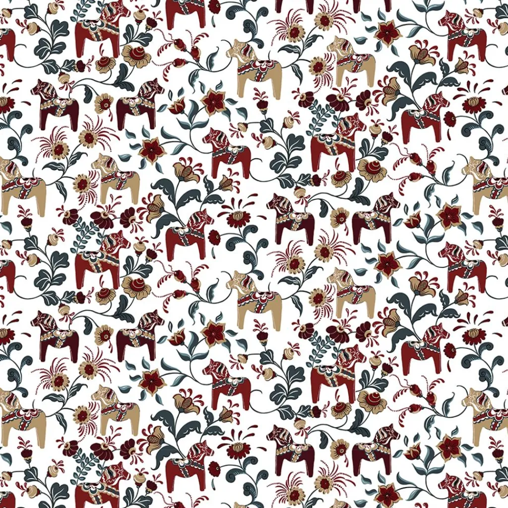 Gardintyger Mönstrade|Arvidssons Textil<Arvidssons textil Leksand vinröd-petrol tyg med traditionellt dalahästtryck