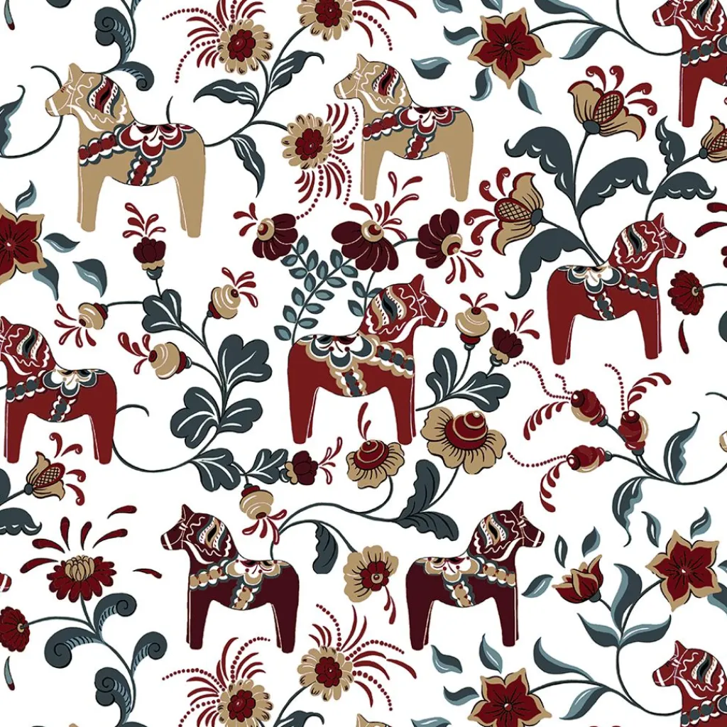 Gardintyger Mönstrade|Arvidssons Textil<Arvidssons textil Leksand vinröd-petrol tyg med traditionellt dalahästtryck