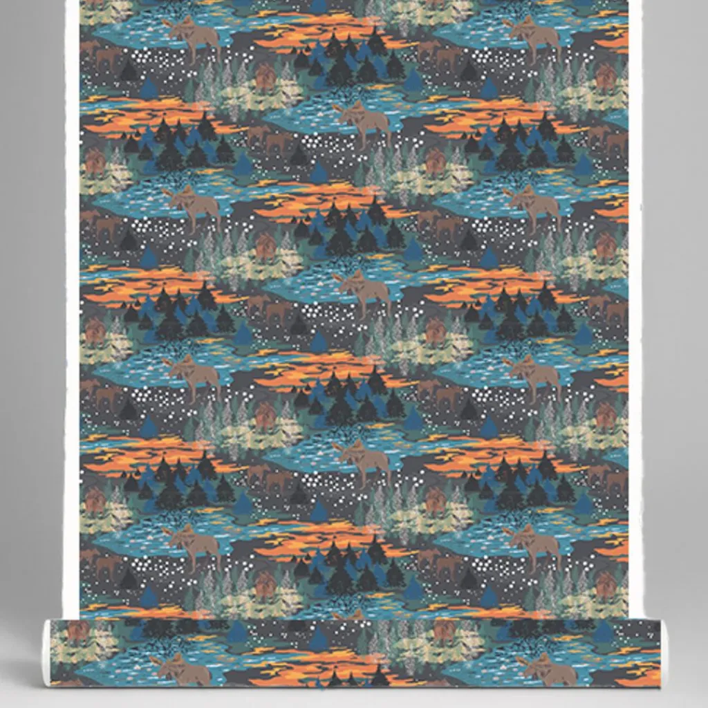 Gardintyger Mönstrade|Arvidssons Textil<Arvidssons textil Älgrike brun/orange - tyg med älgar och Skog i höstiga färger