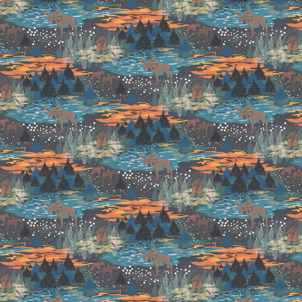 Gardintyger Mönstrade|Arvidssons Textil<Arvidssons textil Älgrike brun/orange - tyg med älgar och Skog i höstiga färger