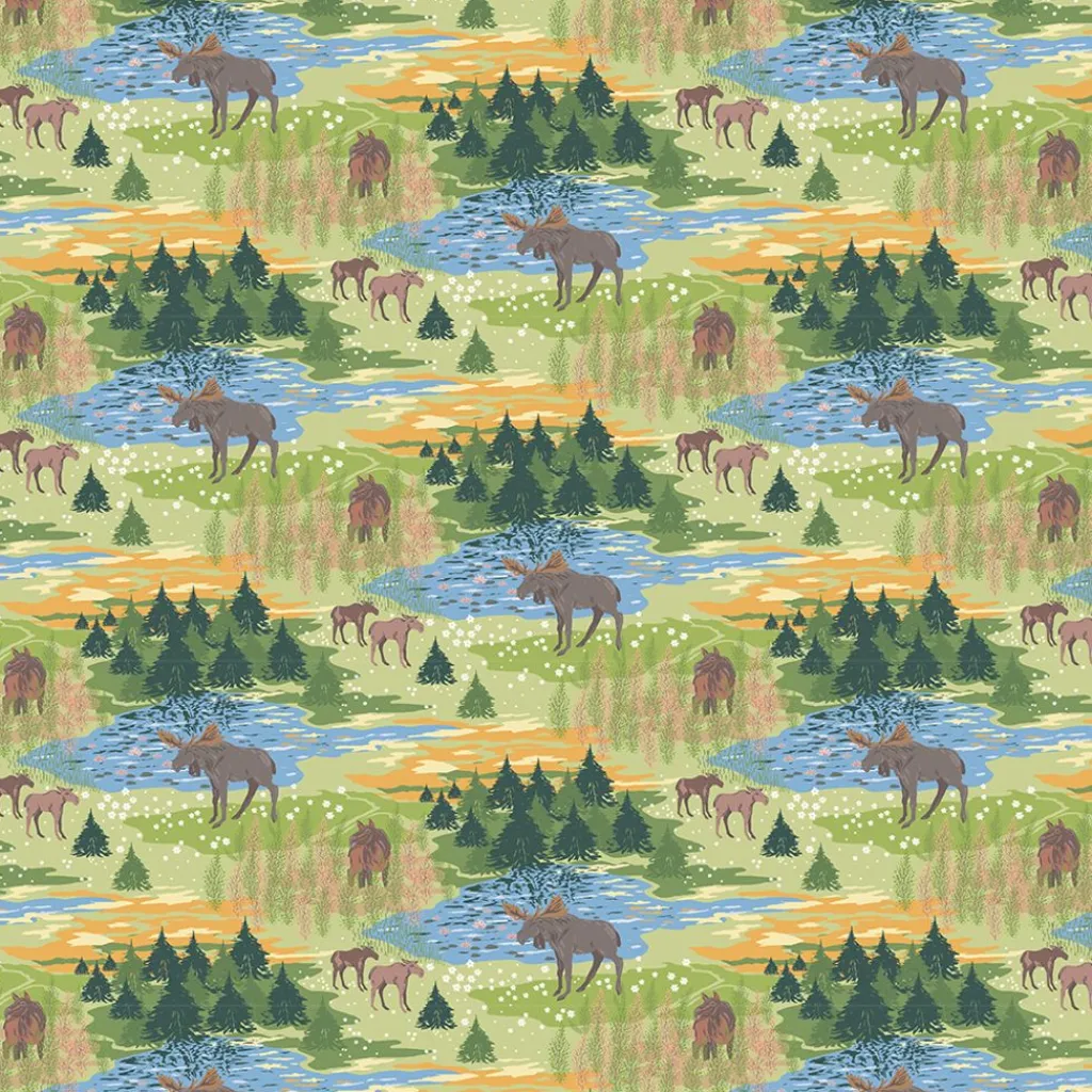 Gardintyger Mönstrade|Arvidssons Textil<Arvidssons textil Älgrike grön tyg – Grön Tyg med Älgar och Skog