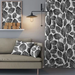 Gardintyger Mönstrade|Arvidssons Textil<Arvidssons textil Lyckans blad vit-svart tyg