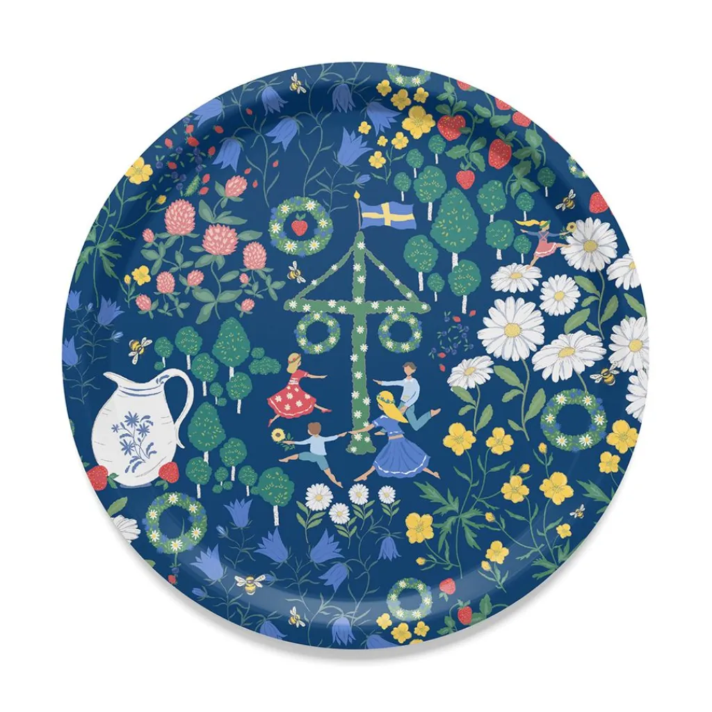 Brickor<Arvidssons textil Midsommardans blå stor rund bricka Ø38cm