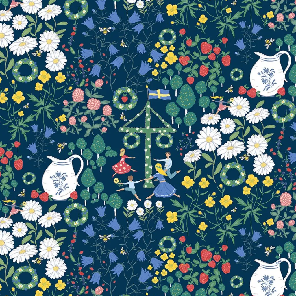 Gardintyger Mönstrade|Arvidssons Textil<Arvidssons textil Midsommardans blå tyg
