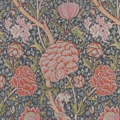 Mönstrade Möbeltyger< Rosengömma blå - slitstarkt gobelängtyg i arts & crafts-stil