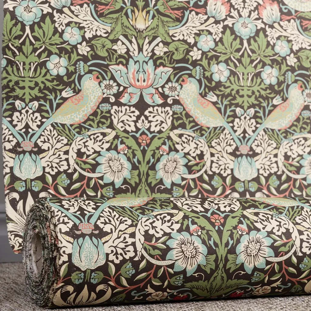Arts & Crafts Tyger|Gardintyger Mönstrade<Nordisk Textil Strawberry bird grön-blå tyg
