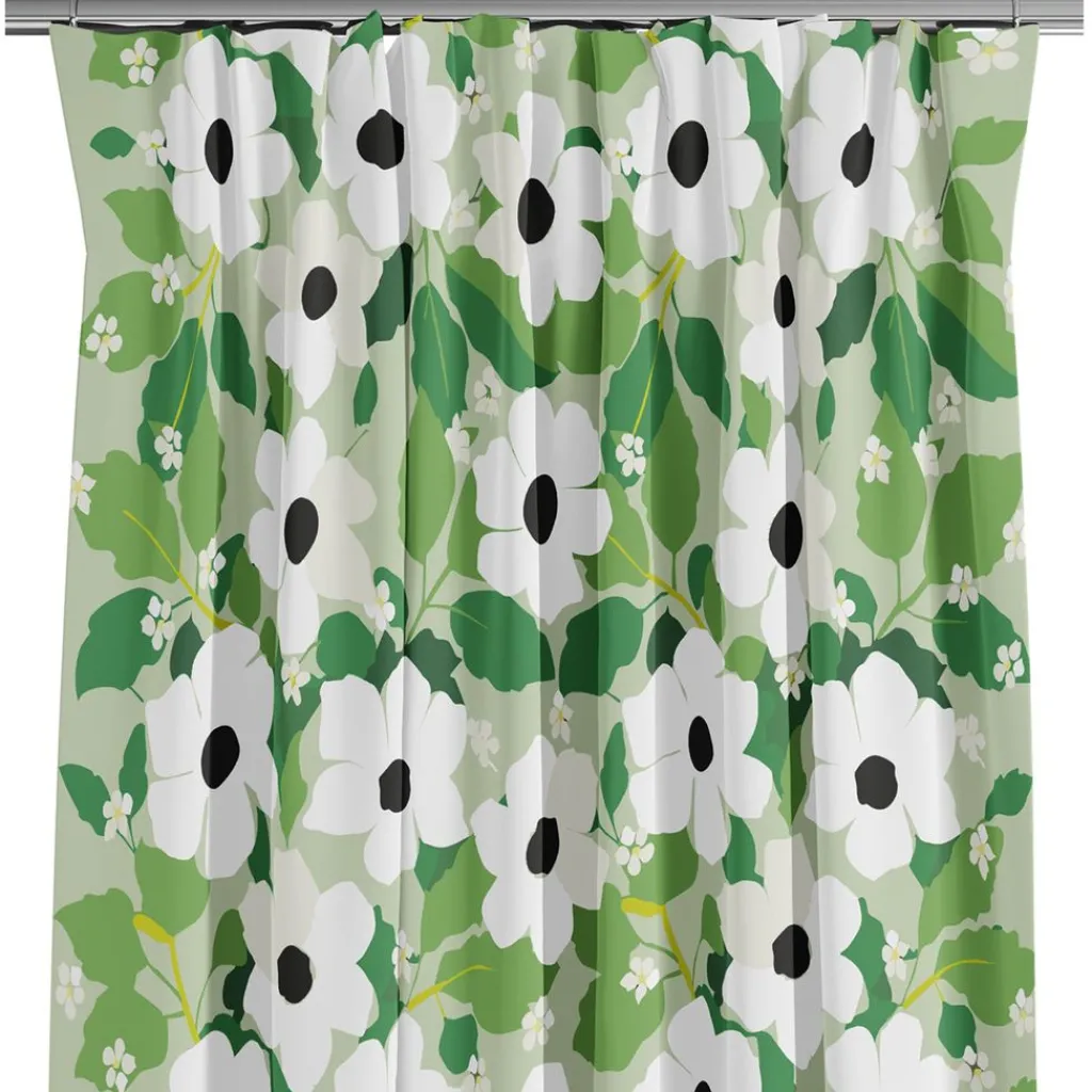 Gardiner Mönstrade<Arvidssons textil Svartöga grön – blommiga gardiner med vita blommor och gröna blad