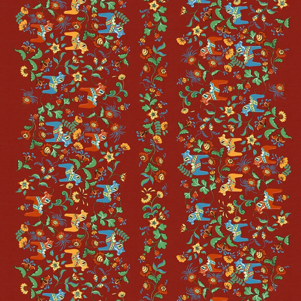 Textilvaxduk<Arvidssons textil Textilvaxduk Leksand bård röd med traditionellt dalahästmönster