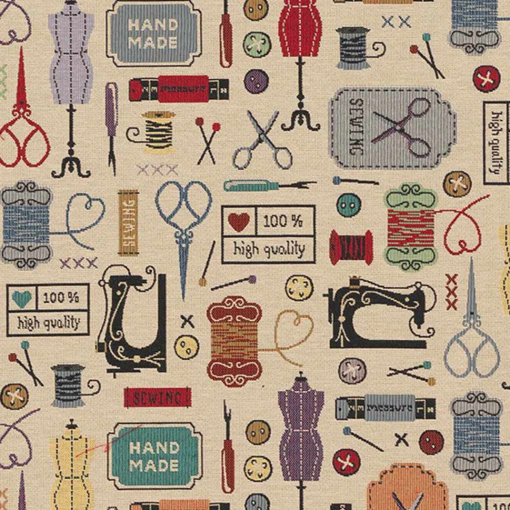 Mönstrade Möbeltyger< Vintage sewing atelier möbeltyg med vintage sybehör och symaskiner